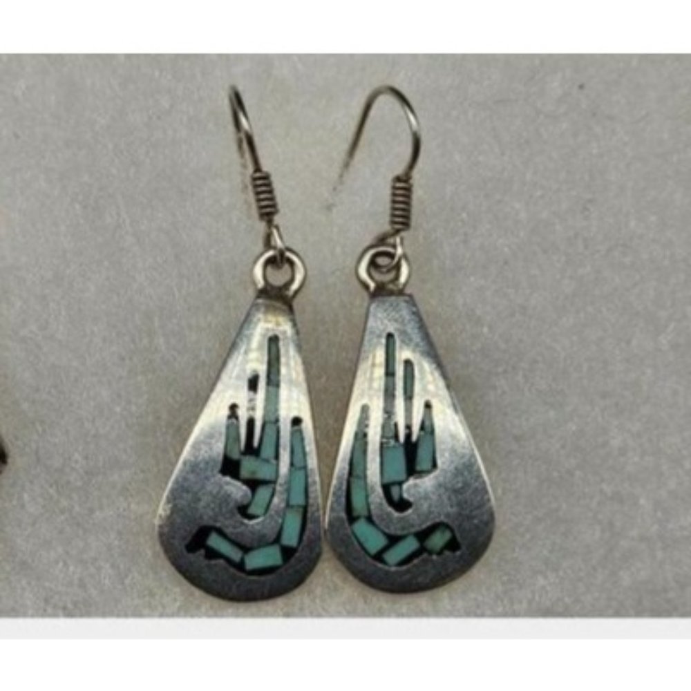 Southwest Style Silver Inlay Inlaid Drop Dangle Earrings 925 1"